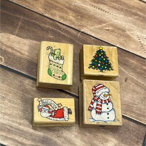 VINTAGE HERO ARTS LOT OF 4 RUBBER STAMPS STOCKING SNOWMAN CHRISTMAS TREE ANGEL